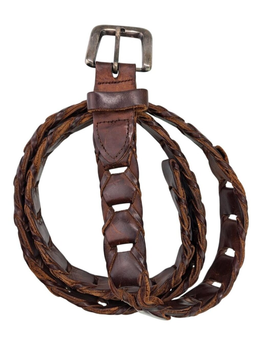Vintage Argentina Brown Leather Belt 47" Chain Link Loop Metal Buckle Size 36